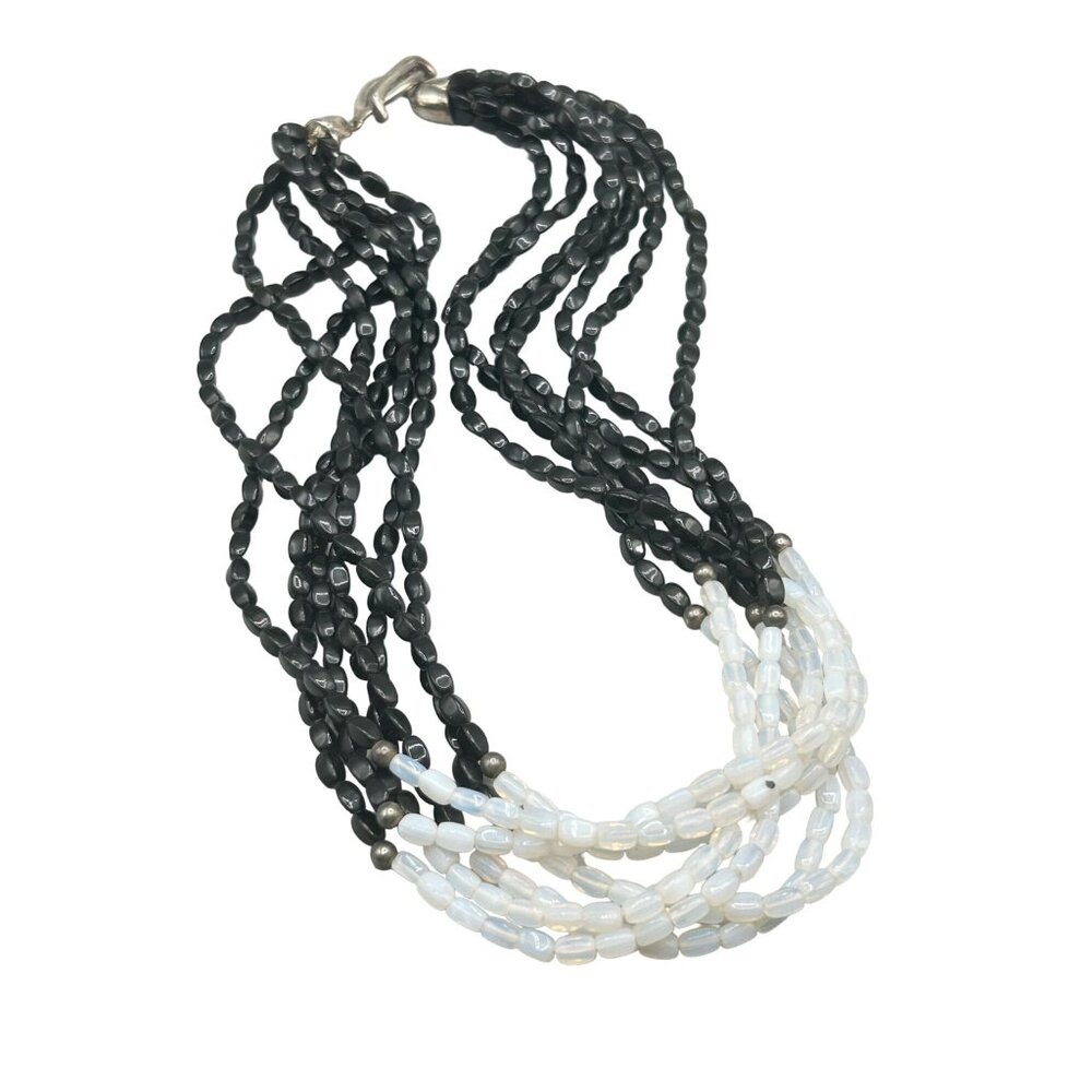 Vintage Multi Strand Multi Beads Black White Opalescent Glass Bead Necklace 16"